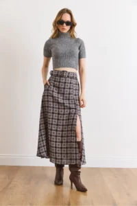 Olalook Women's Gray Belt Detailed Pocket Slit Polyviscon Flowy Skirt - Image 2