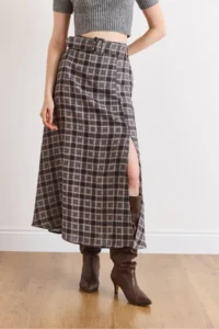 Olalook Women's Gray Belt Detailed Pocket Slit Polyviscon Flowy Skirt - Image 3
