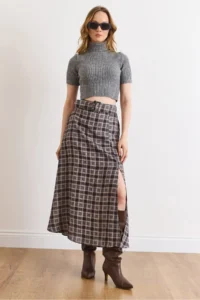 Olalook Women's Gray Belt Detailed Pocket Slit Polyviscon Flowy Skirt - Image 6