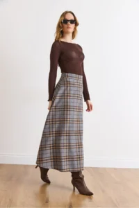 Olalook Women Gray Plaid Weaving Bell Skirt - Image 5