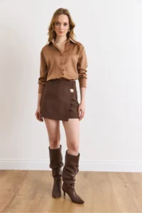 Olalook Women's Brown Accessory Detailed Zippered Skirt with Shorts - Image 2
