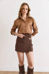 Olalook Women's Brown Accessory Detailed Zippered Skirt with Shorts - Image 3