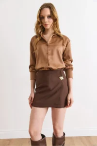 Olalook Women's Brown Accessory Detailed Zippered Skirt with Shorts - Image 6
