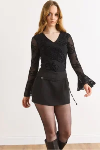 Olalook Women's Black Lace Detailed Zippered Skirt with Shorts
