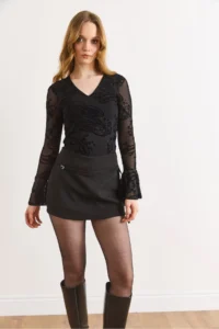 Olalook Women's Black Lace Detailed Zippered Skirt with Shorts - Image 2