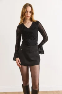 Olalook Women's Black Lace Detailed Zippered Skirt with Shorts - Image 6