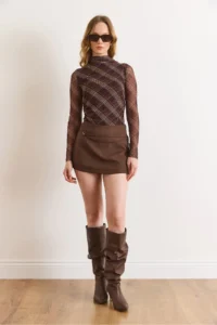 Olalook Women's Brown Lace Detailed Zippered Skirt with Shorts - Image 2