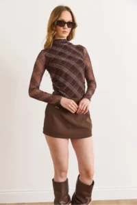 Olalook Women's Brown Lace Detailed Zippered Skirt with Shorts - Image 3