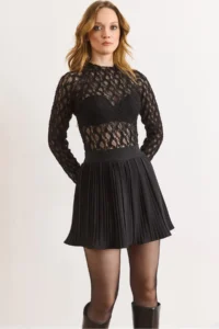 Olalook Women's Black Mini Pleated Skirt with Elastic Waist Shorts