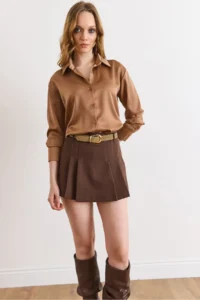 Olalook Women's Brown Belted Zipper Pleated Skirt with Shorts