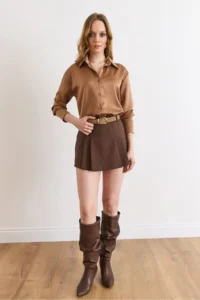 Olalook Women's Brown Belted Zipper Pleated Skirt with Shorts - Image 2