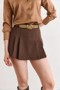Olalook Women's Brown Belted Zipper Pleated Skirt with Shorts - Image 5