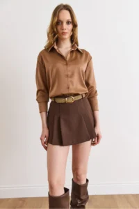 Olalook Women's Brown Belted Zipper Pleated Skirt with Shorts - Image 6