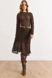 Olalook Women's Bitter Brown Lined Asymmetrical Lace Skirt