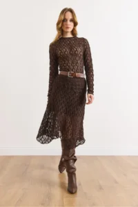 Olalook Women's Bitter Brown Lined Asymmetrical Lace Skirt - Image 4