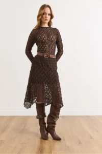 Olalook Women's Bitter Brown Lined Asymmetrical Lace Skirt - Image 5