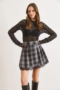 Olalook Women's Gray Zippered Shorts and Lace Detailed Mini Plaid Skirt - Image 3