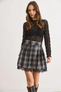 Olalook Women's Gray Zippered Shorts and Lace Detailed Mini Plaid Skirt - Image 4