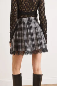 Olalook Women's Gray Zippered Shorts and Lace Detailed Mini Plaid Skirt - Image 6