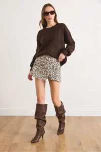 Olalook Women's Stone Zippered Cotton Leopard Skirt with Shorts - Image 3
