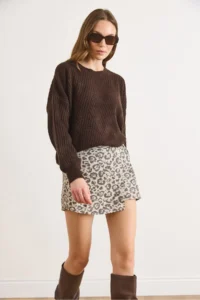 Olalook Women's Stone Zippered Cotton Leopard Skirt with Shorts - Image 4