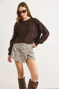 Olalook Women's Stone Zippered Cotton Leopard Skirt with Shorts - Image 5