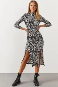 Cool & Sexy Women's Black-White Double Slit Zebra Pattern Dress