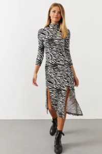 Cool & Sexy Women's Black-White Double Slit Zebra Pattern Dress - Image 2