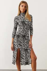 Cool & Sexy Women's Black-White Double Slit Zebra Pattern Dress - Image 3