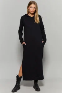 Cool & Sexy Women Black slit Hooded Maxi Dress