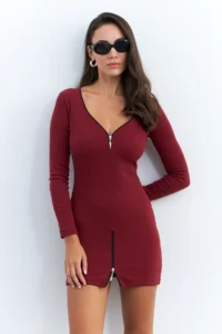 Cool & Sexy Women Burgundy Zippered Camisole Mini Dress