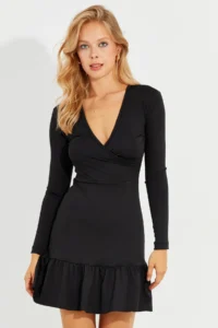 Cool & Sexy Women's Black Skirt Flounced Double Breasted Mini Dress - Image 2
