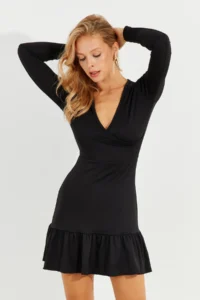 Cool & Sexy Women's Black Skirt Flounced Double Breasted Mini Dress - Image 3
