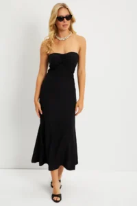 Cool & Sexy Women Black Crepe Strapless Midi Dress - Image 2