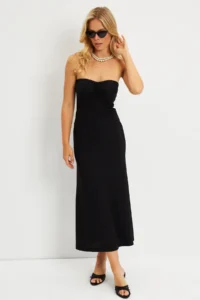 Cool & Sexy Women Black Crepe Strapless Midi Dress - Image 3