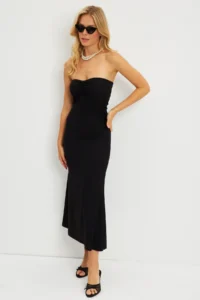 Cool & Sexy Women Black Crepe Strapless Midi Dress - Image 4