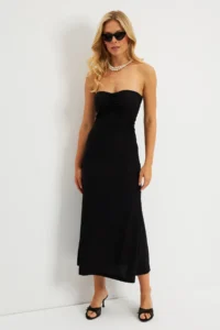 Cool & Sexy Women Black Crepe Strapless Midi Dress - Image 6