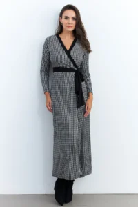 Cool & Sexy Women's Black-Ecru Double Breasted Houndstooth Maxi Dress - Image 2