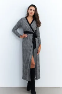 Cool & Sexy Women's Black-Ecru Double Breasted Houndstooth Maxi Dress - Image 3