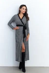 Cool & Sexy Women's Black-Ecru Double Breasted Houndstooth Maxi Dress - Image 4