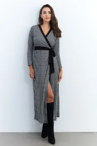 Cool & Sexy Women's Black-Ecru Double Breasted Houndstooth Maxi Dress - Image 5