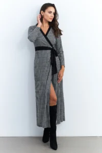 Cool & Sexy Women's Black-Ecru Double Breasted Houndstooth Maxi Dress - Image 6