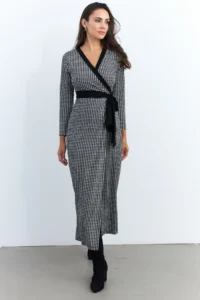 Cool & Sexy Women's Black-Ecru Double Breasted Houndstooth Maxi Dress - Image 7