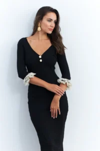 Cool & Sexy Women's Black Sleeves Lace Detailed Camisole Midi Dress
