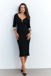 Cool & Sexy Women's Black Sleeves Lace Detailed Camisole Midi Dress - Image 2