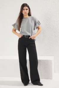 TRENDYOLMİLLA Gray 100% Cotton Ruffle Detailed Basic Crew Neck Knitting T-Shirt - Image 6