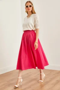 Olalook Women's Fuchsia Pocketed Elastic Waist Midi Woven Bell Skirt