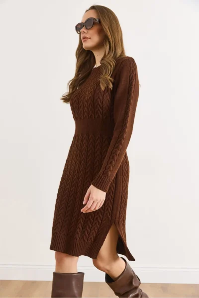 Olalook Women's Bitter Brown Waist Banded Slit Hair Knitted Mini Dress
