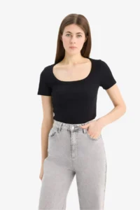DeFacto Slim Fit Narrow Cut Crew Neck Basic Plain Ribbed Camisole Short Sleeve Black T-Shirt - Image 3