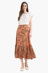 DeFacto Regular Fit Beli Lastikli Desenli Midi Etek - Image 4